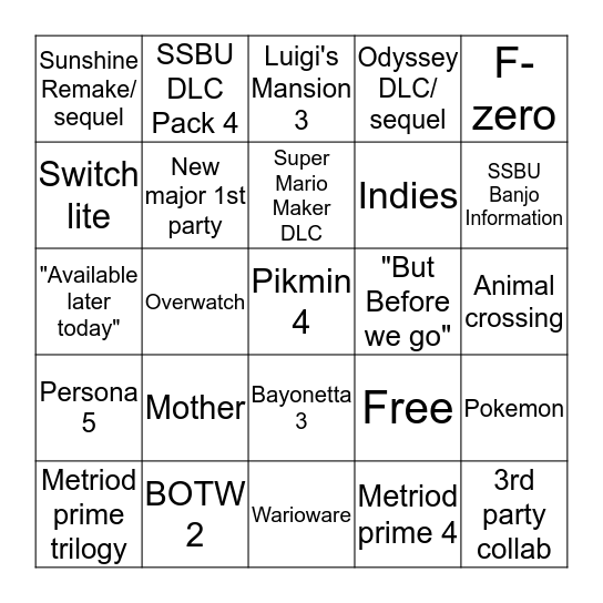 Nintendo Direct 9/4/19 Bingo Card