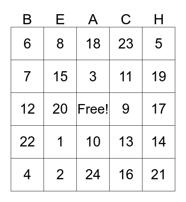 BEACH BINGO Card