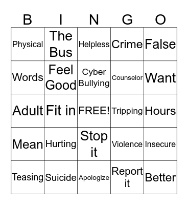 Bullying Bingo Card