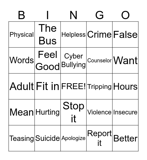 Bullying Bingo Card