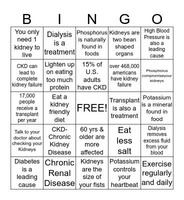 Kupuna Healthy Kidney Bingo Card