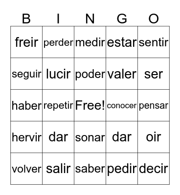 Irregular Verbs Bingo Card
