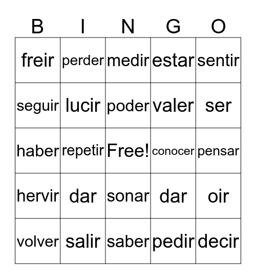 Irregular Verbs Bingo Card