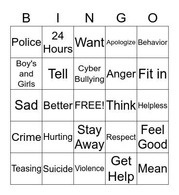 Bullying Bingo Card