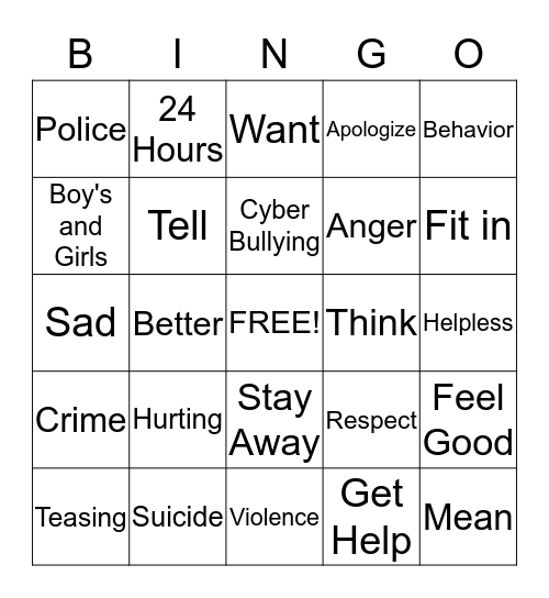 Bullying Bingo Card