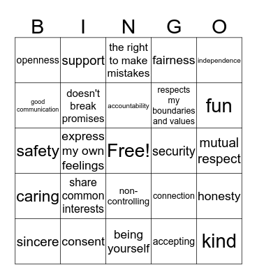 Healthy Relationship Bingo Card
