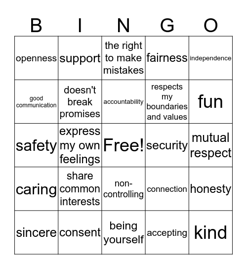Healthy Relationship Bingo Card