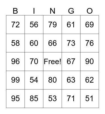 Numeros del 50 al 100 Bingo Card