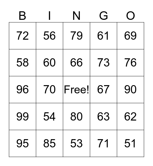 Numeros del 50 al 100 Bingo Card
