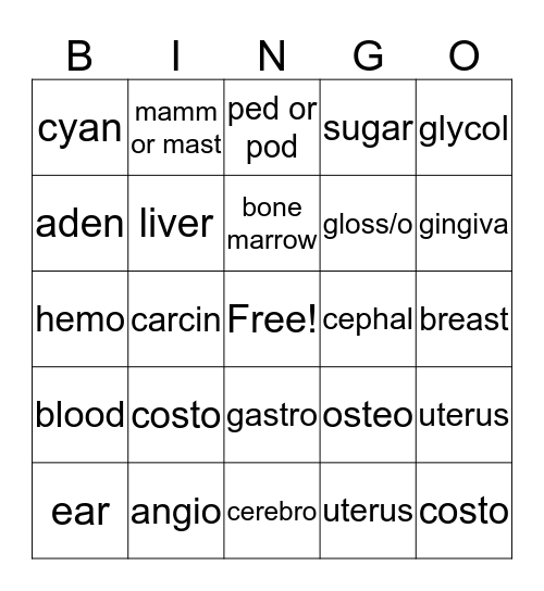 medical terms  Bingo Card