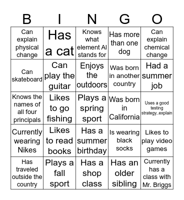 Getting to know you Bingo Card