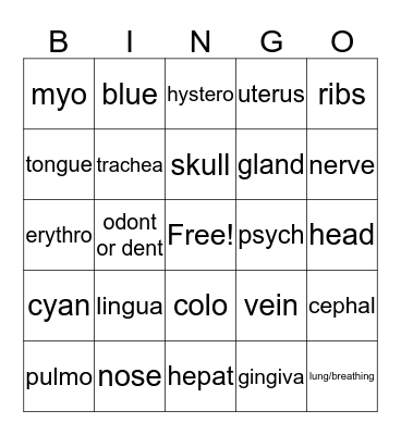 medical terms  Bingo Card