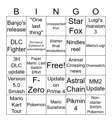 Nintendo Direct 9.4.19 Bingo Card