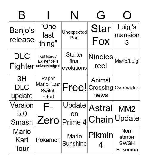 Nintendo Direct 9.4.19 Bingo Card