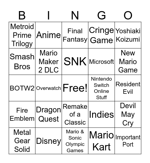 Nintendo Direct 9/4/19 Bingo Card