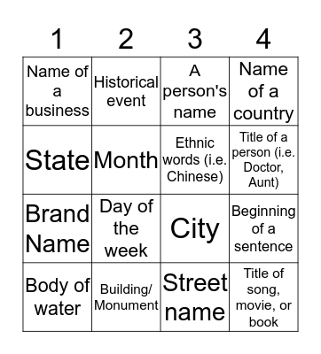 Capitalization Bingo Card