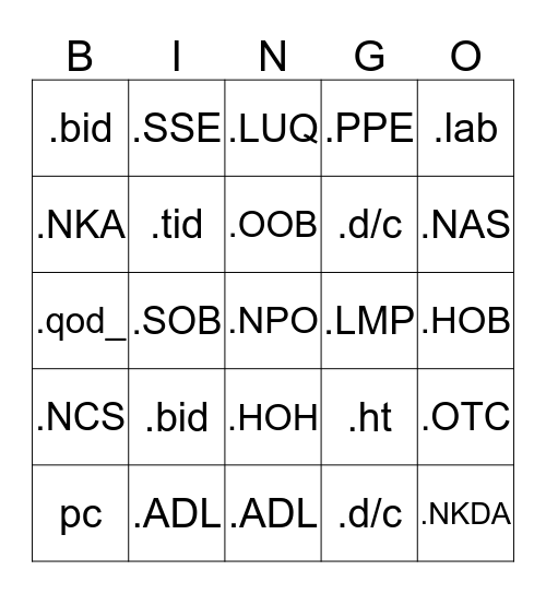 NURSING BINGO Card