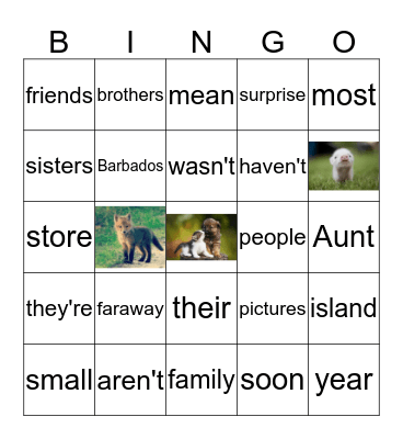 Jenny's Faraway Family Bingo Card