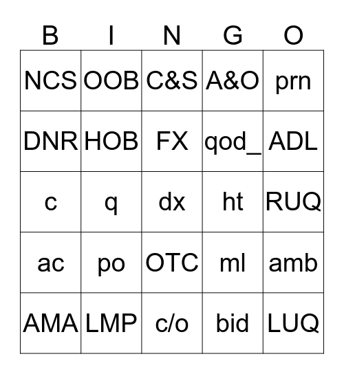 NURSING BINGO Card