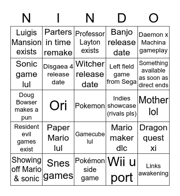 Nintendo Direct 9/4/19 Bingo Card