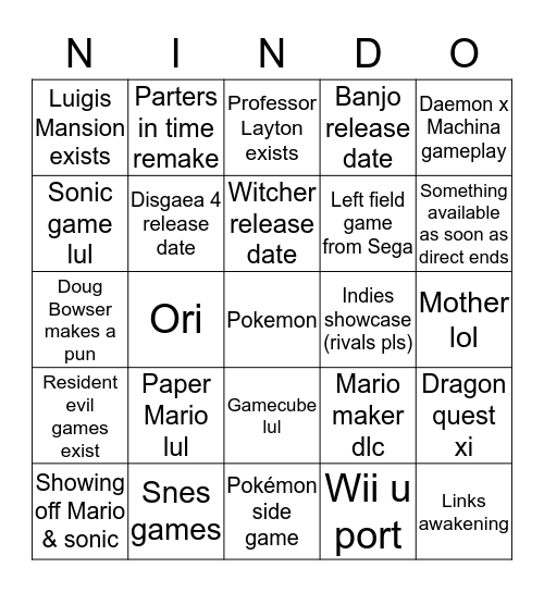 Nintendo Direct 9/4/19 Bingo Card