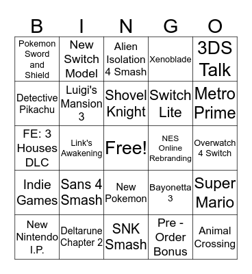 Nintendo Direct Bingo Card