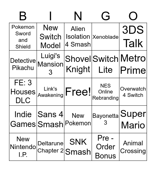 Nintendo Direct Bingo Card