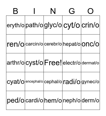 Medical Terminology CH 1 Bingo Card