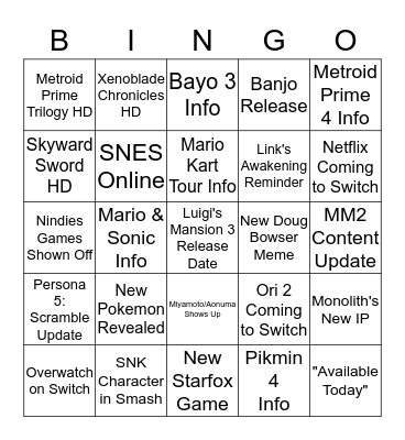 Nintendo Direct 9/4/19 Bingo Card