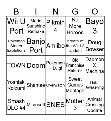 Nintendo Direct 9/4 Bingo Card