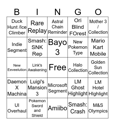 Nintendo DIrect 9/4/2019 Bingo Card