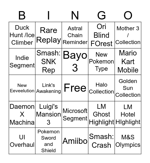 Nintendo DIrect 9/4/2019 Bingo Card