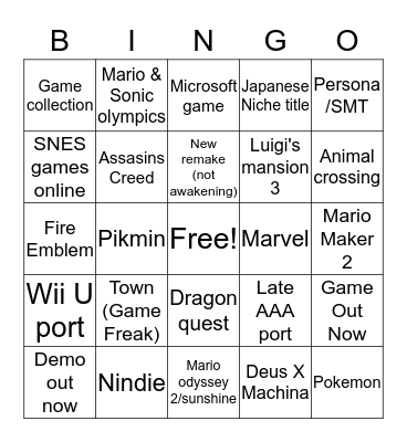 Nintendo Direct September 2019 Bingo Card