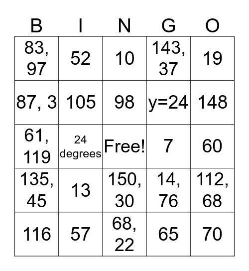 Angles Measures Bingo Card