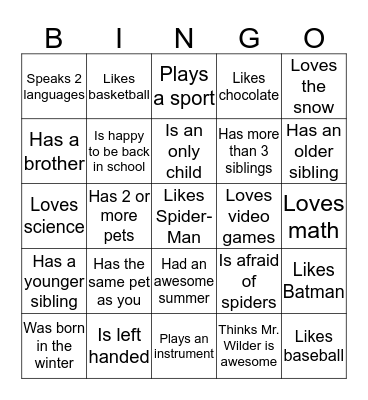 Find someone in class who... Bingo Card