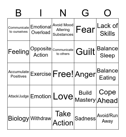 Emotion Regulation Bingo Card