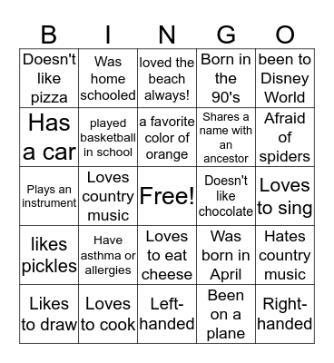 About you...  Bingo Card