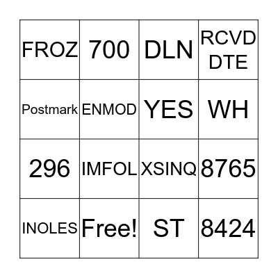 8758 / 8765 BINGO Card