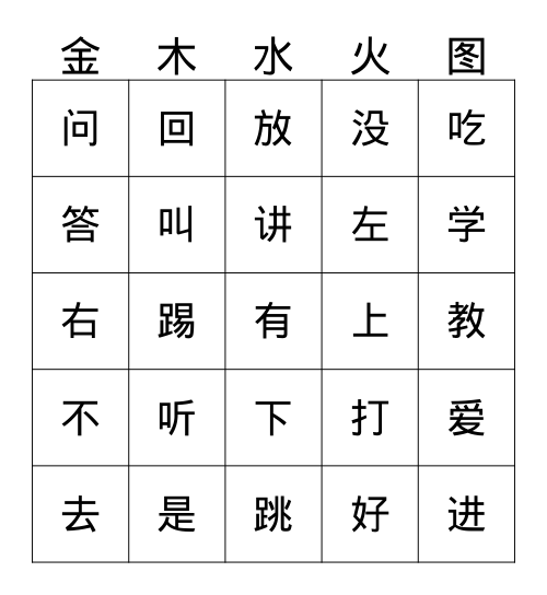 汉语 第一册 动词 方位词 Bingo Card