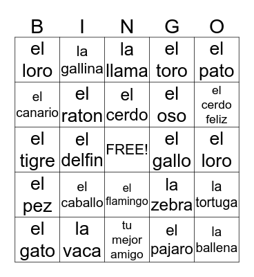 Los Animales Bingo Card