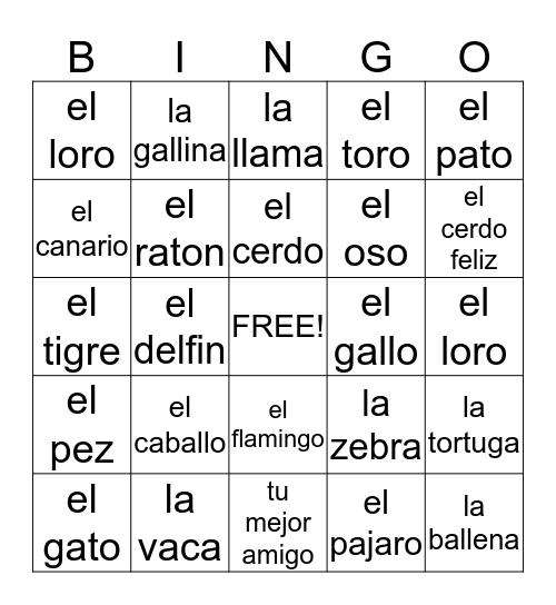 Los Animales Bingo Card