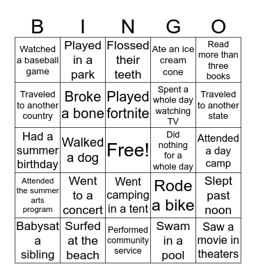 Summer Break Bingo Card