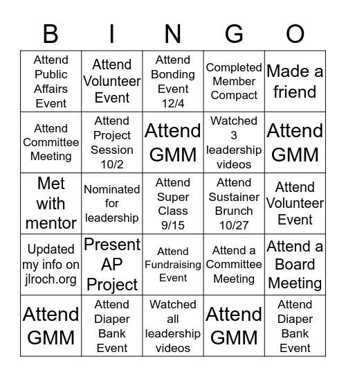 Junior League Bingo Card