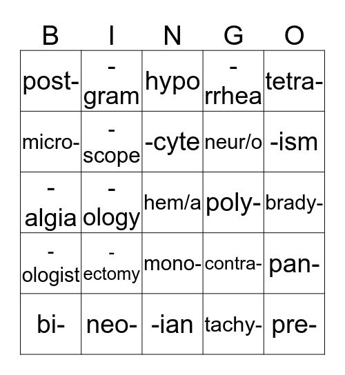 Med Term Bingo Card