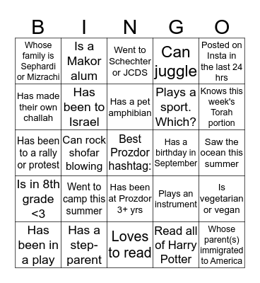 Prozdor Bingo Card