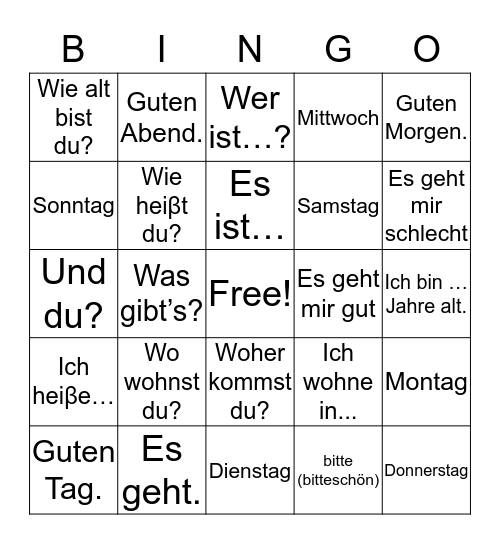 German Level 1 - Unit 1 Bingo Card