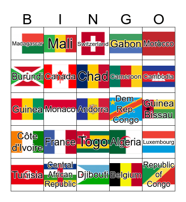 Les pays francophones Bingo Card