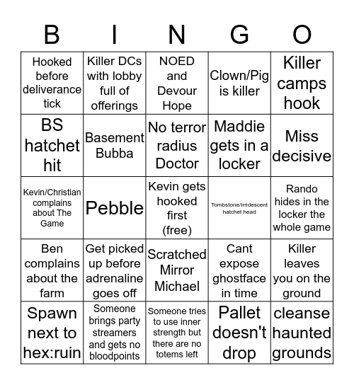 Dead by Daylight Bingo Card