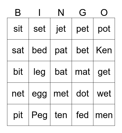 Unit 21 e words Bingo Card