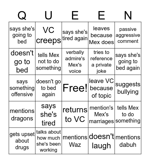 Queenie Voice Chat Bingo Card